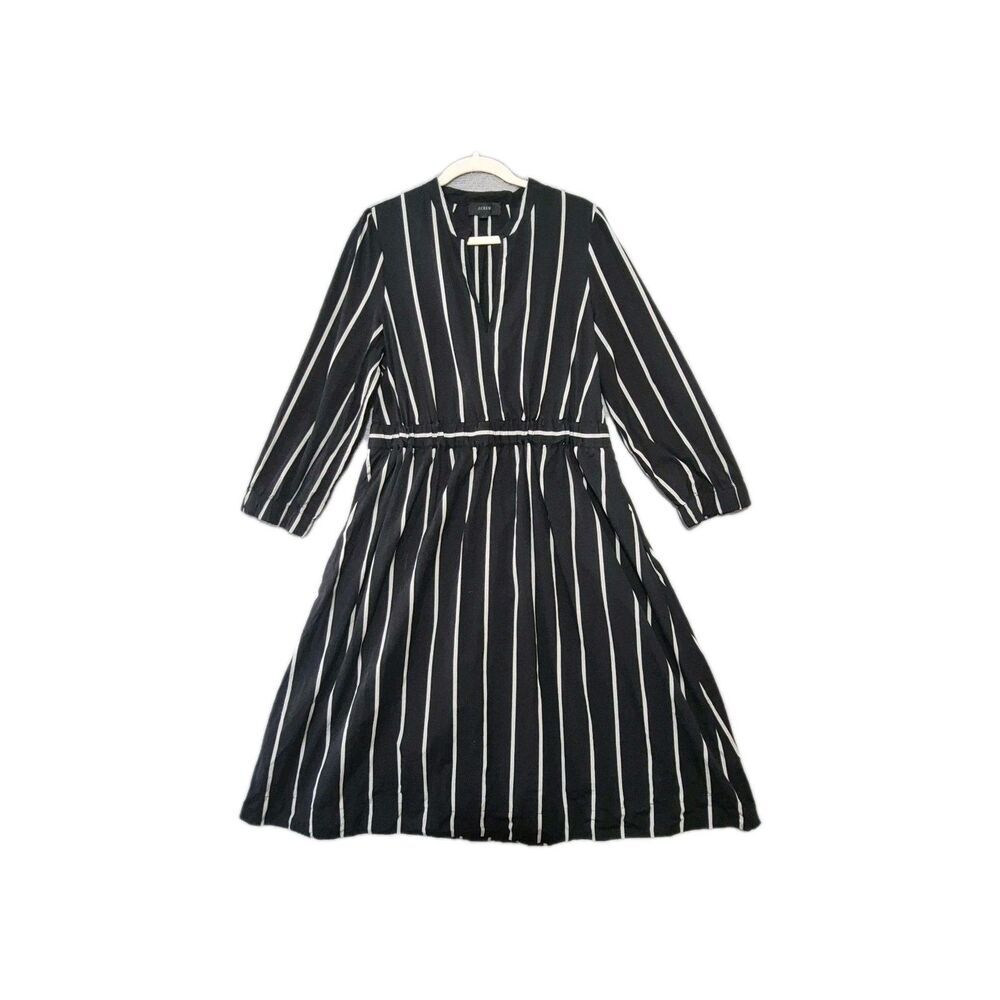 J.Crew Women's Black Stripe Cinched-Waist Cotton Poplin Midi Dress L - Picture 1 of 10